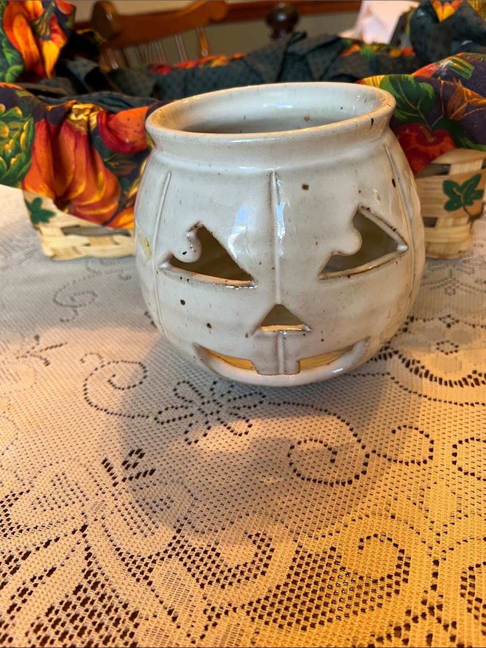 Ceramic White Jack-O'-Lantern Votive Holder